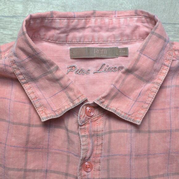 Vintage Raffi Linea Uomo Shirt Mens XL 54 Check Coral 100% Linen Button Up Italy - Picture 3 of 4